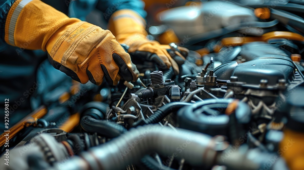 Poster a mechanic hands are repairing a modern engine. generative ai.