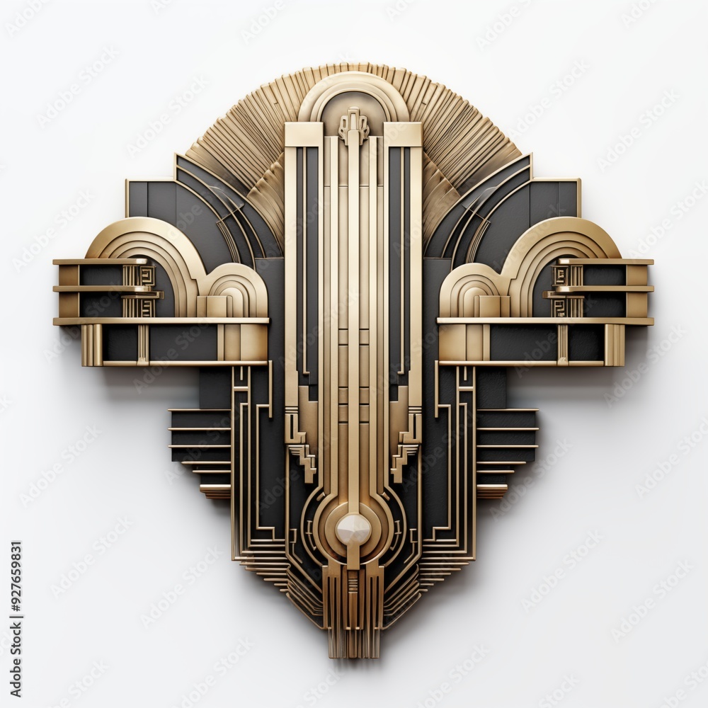 Poster an intricate art deco style wall sculpture featuring geometric patterns and metallic finishes. the d