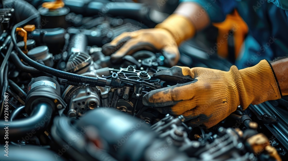 Poster a mechanic hands are repairing a modern engine. generative ai.