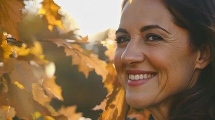 Hispanic woman smiling warmly, surrounded by golden autumn leaves, capturing the tranquility of the season. - Powered by Adobe