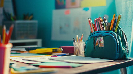 bright modern school supplies with kids at a desk in a classroom backpack cover photo