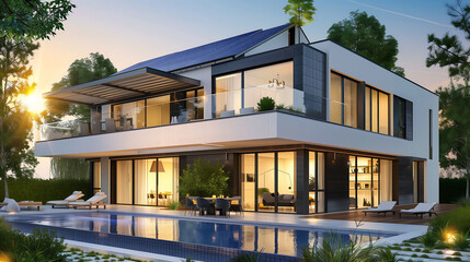Fototapeta premium Background. Futuristic eco-friendly house. flowing lines. architecture. Evening .Generative AI