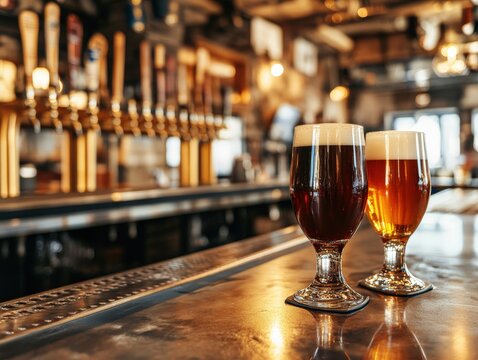 Two glasses of dark and light beer on a bar counter in a pub