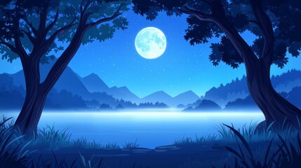 A tranquil night scene featuring a full moon reflecting on a serene lake, surrounded by mountains and silhouetted trees.