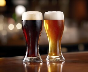 Two glasses of dark and light beer on a wooden bar counter