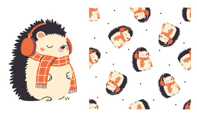 A set of prints for printing on children's products. Seamless vector pattern and print for printing. Cute hedgehog in winter hat and scarf and headphones. Vector illustration
