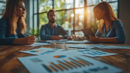 Business team working together on financial charts and data, sunlight streaming through the windows, fostering a collaborative and productive environment in a modern office.