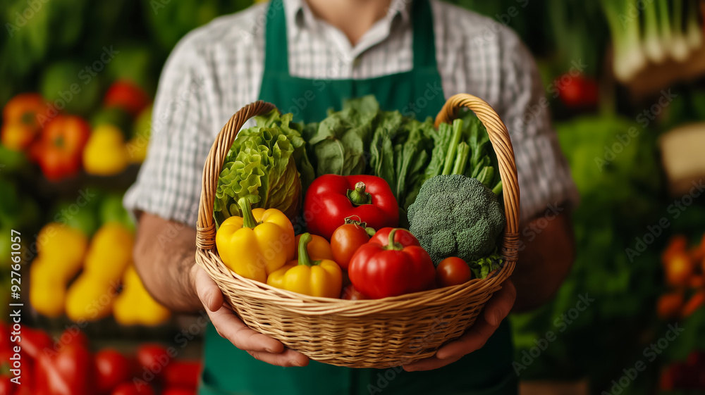 Wall mural Close up of a cheerful farmer with weathered hands holding a basket of freshly harvested vegetables at an autumn market stall warm tones rustic textures golden autumn light 