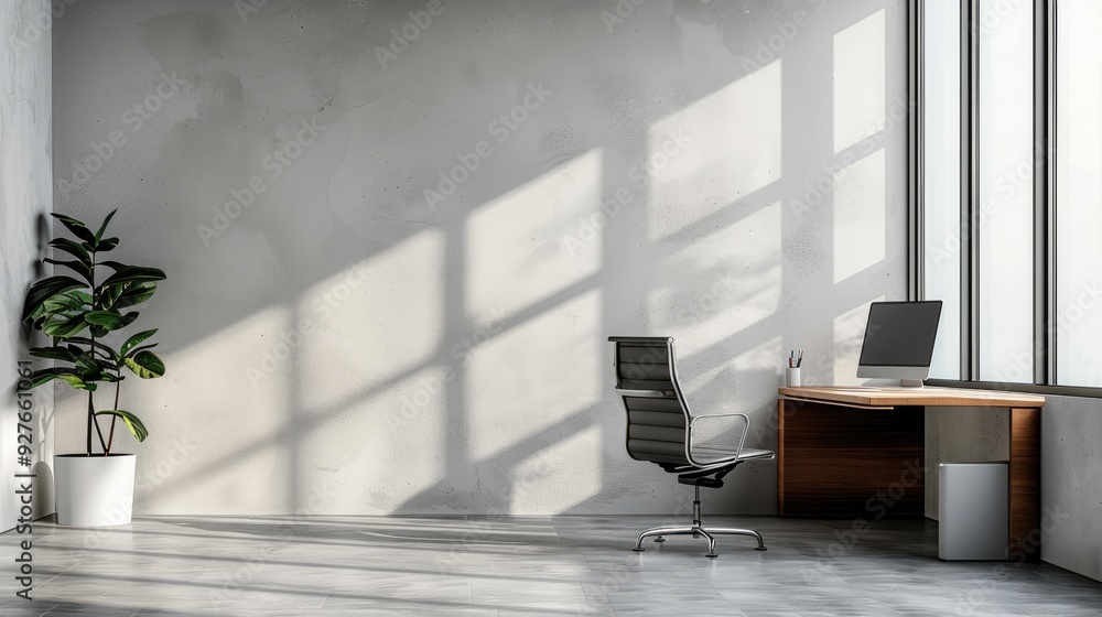 Aufkleber modern office wall decor mockup opposite an empty wall surface, on the right side an office chair an