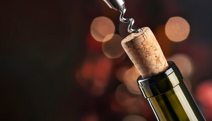 Primer plano descorchando una botella de vino