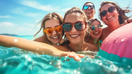 Four friends in sunglasses enjoying a day at the beach. They are all smiling and having fun in the water.