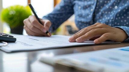 Fototapeta premium A person signing a mortgage agreement at a desk with a calculator indicating the financial commitment of buying a home