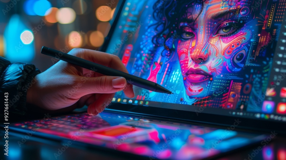 Poster hands using a pen tablet to zoom in on digital artwork flickering before submitting the final piece