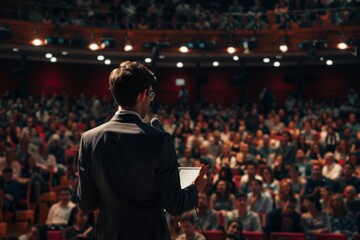 A man in a suit stands confidently before an attentive crowd, engaging them with his presence and speech, A businessman giving a presentation to a large audience. AI generated