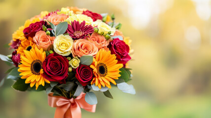 Close up of a vibrant autumn bouquet with burnt orange chrysanthemums deep red roses and yellow sunflowers tied with a ribbon against a soft blurred background of fall foliage 