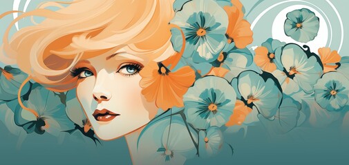 A stylized art deco illustration of a woman with flowing blonde hair surrounded by vibrant flowers. The background features a blend of soft colors and floral patterns, creating a dreamy atmosphere.