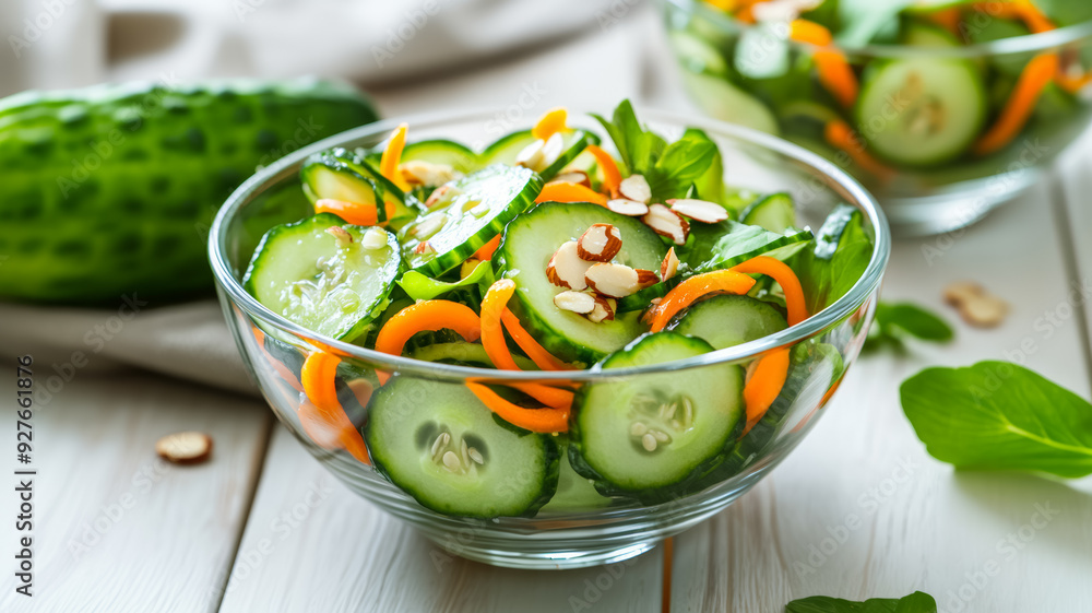 Aufkleber close up of cucumber salad with spiralized cucumbers carrot curls and toasted almonds served in a tr