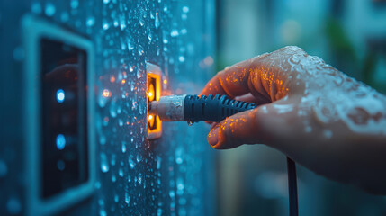 Wet hand plugging a power cable into a wall socket, illuminated by warm orange light. Risk of electrical shock, dangerous situation, caution with electricity and water.