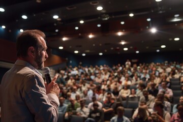 A suited man stands in front of a crowd, commanding attention and conveying a message to the engaged audience, A businessman giving a presentation to a large audience. AI generated