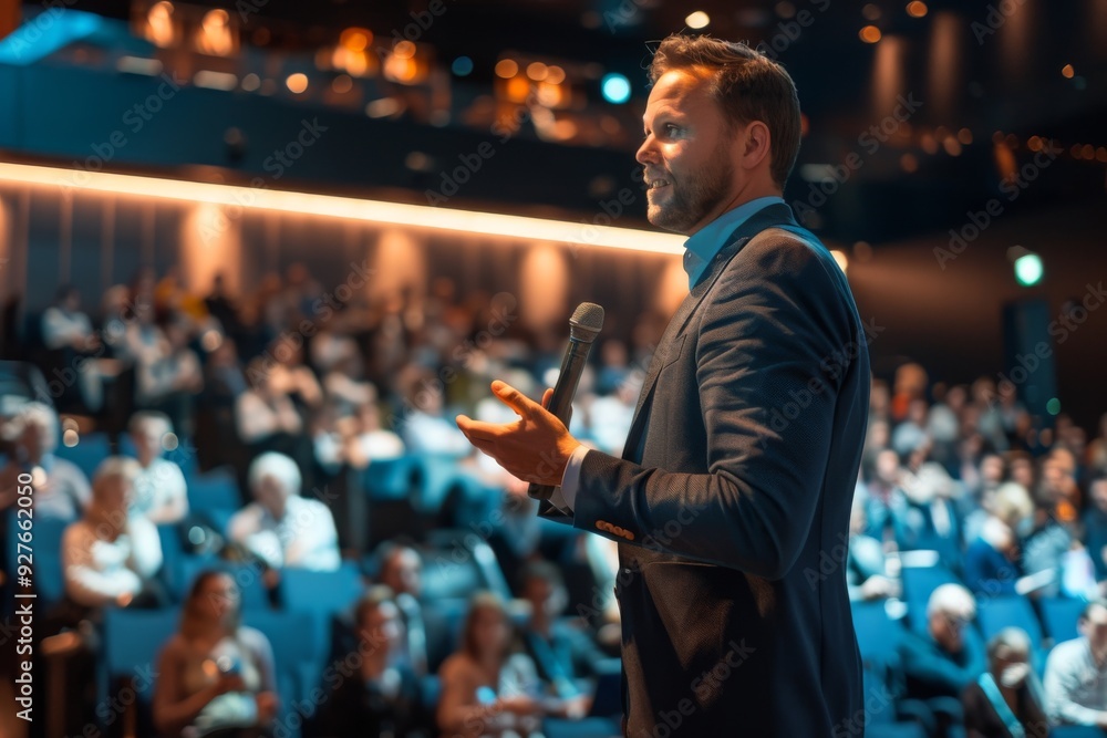 Aufkleber a suited man stands in front of a crowd, commanding attention and conveying a message to the engaged