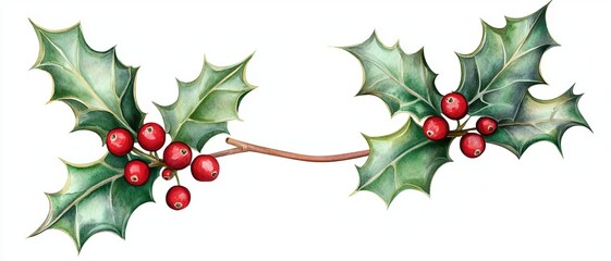 Fototapeta premium Festive holly branch adorned with vibrant red berries, perfect for seasonal decorations or holiday-themed projects.