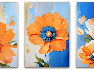 Set of three abstract floral art with blue and orange hue