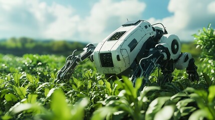 A white futuristic robot walks through a field of green plants.