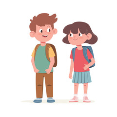 Cute little school boy and girl with a backpacks. Flat Illustration on transparent background