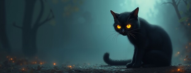 Black cat with glowing eyes sitting mysteriously against misty forest background