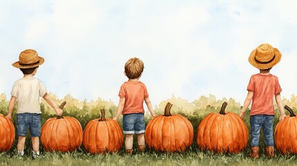 Three children in hats enjoy a sunny day at a pumpkin patch, surrounded by vibrant pumpkins and a clear sky.