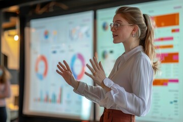 A woman wearing glasses presents to an audience, engaging them with her informative speech and visual aids, A businesswoman giving a presentation in front of a screen. AI generated