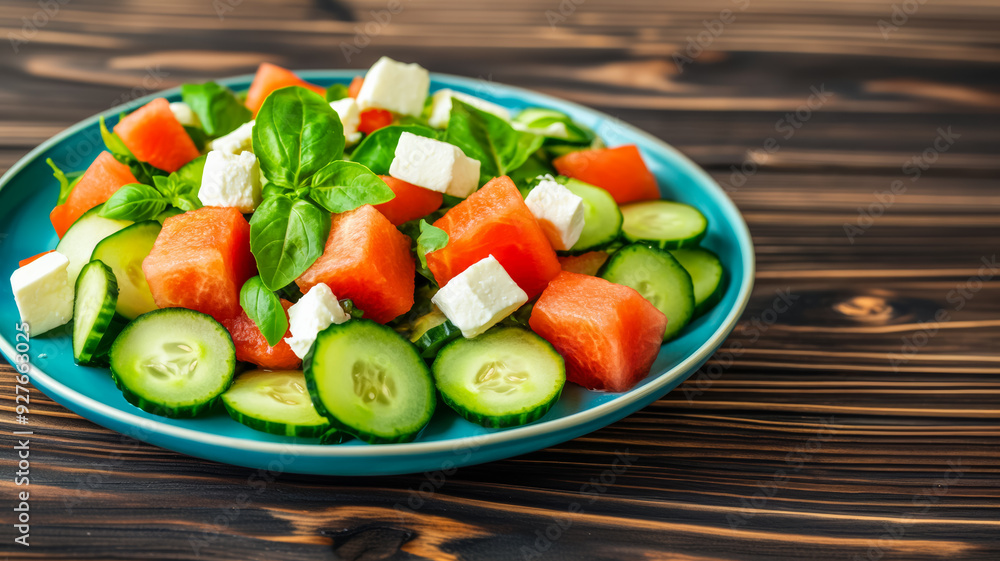 Poster cucumber salad with thinly sliced cucumbers watermelon cubes and feta cheese crumbles on a turquoise