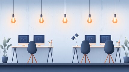 Stylish workspace with modern desks, computers, and warm hanging lights, creating an inviting and productive environment.