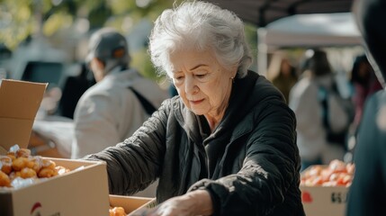 Elderly woman sorting fruits at outdoor market