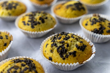 A close-up of the cooked muffins. Muffins and pastries. Dessert