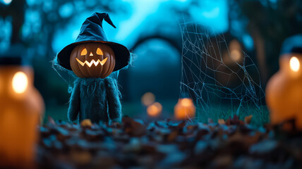 Eerie Halloween garden archway covered in cobwebs lanterns flickering dimly dead leaves scattered around with a creepy scarecrow standing guard 