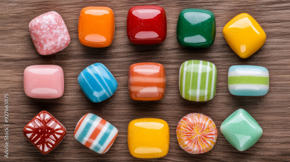 Poster flat lay of a variety of bubble gum wrappers in retro designs arranged in a circular pattern on a wo
