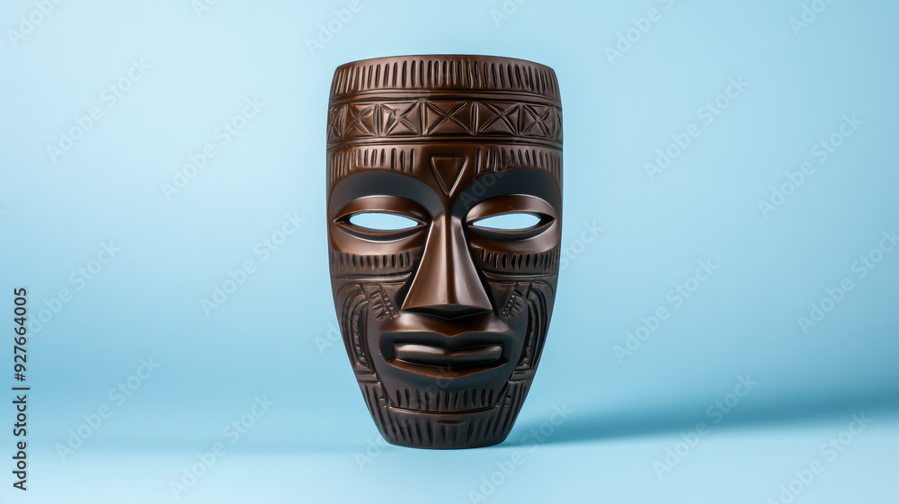 Poster front view of a chocolate mask sculpture with tribal patterns dark chocolate with intricate carvings