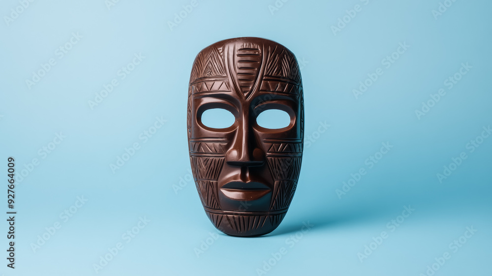 Poster front view of a chocolate mask sculpture with tribal patterns dark chocolate with intricate carvings