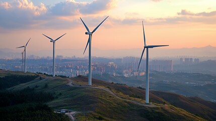 Wind turbines stand tall on a grassy hilltop overlooking a city skyline at sunset.