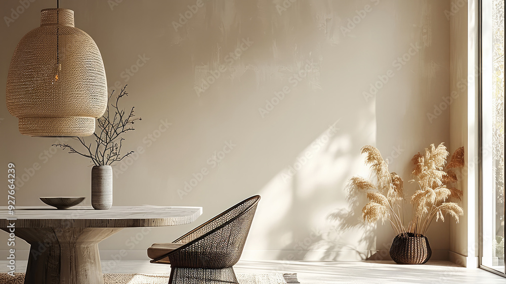 Poster minimalist interior with a warm and inviting atmosphere. the setting features a smooth, neutral beig