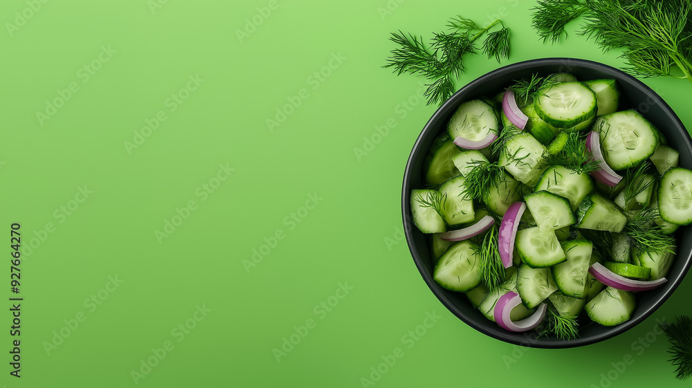 Poster isolated cucumber salad with diced cucumber red onion and dill on a gradient green background with a