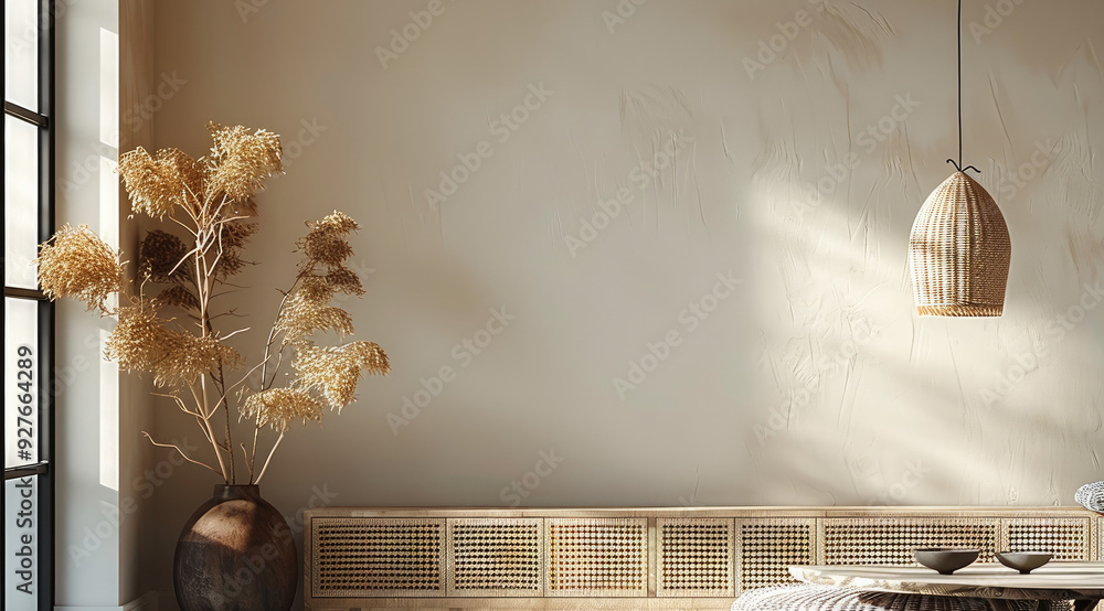 Poster minimalist interior with a warm and inviting atmosphere. the setting features a smooth, neutral beig