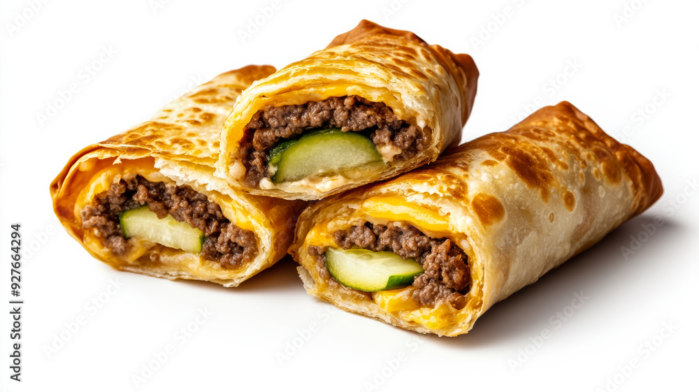Poster isolated image of a cheeseburger egg roll cut in half with layers of beef cheese and pickles clearly