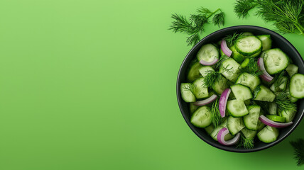 Isolated cucumber salad with diced cucumber red onion and dill on a gradient green background with ample negative space around for text 