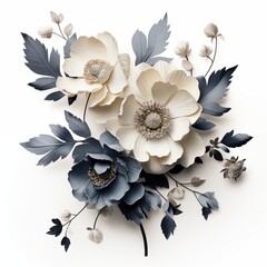 A beautiful arrangement of paper art deco flowers in shades of cream and blue, featuring large blooms and delicate leaves. The design is intricate and artistic.
