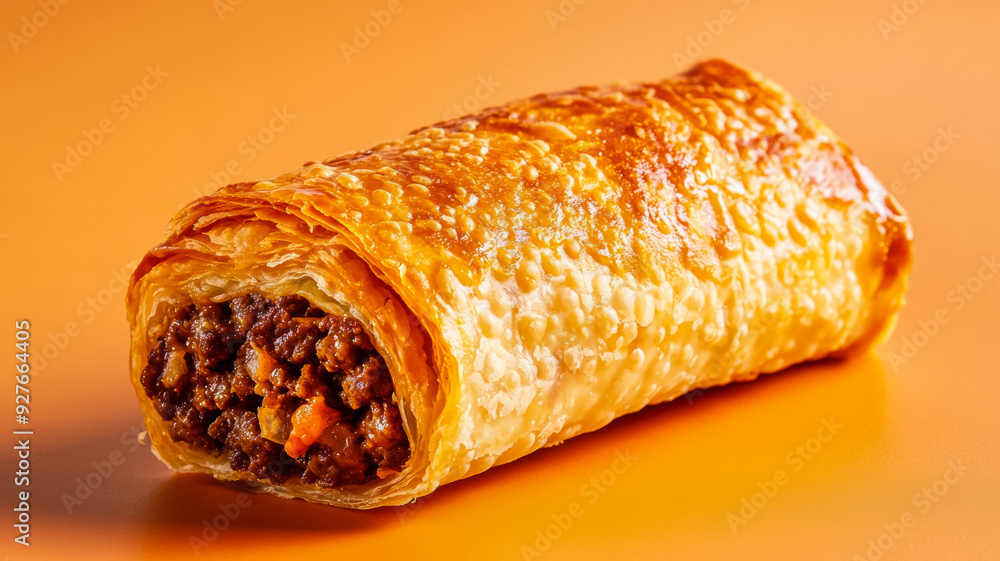 Poster isolated image of a single cheeseburger egg roll with a glossy golden brown crust centered on a grad