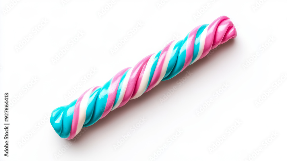 Poster isolated image of an unwrapped twisted bubble gum stick in bright neon colors lying on a smooth whit