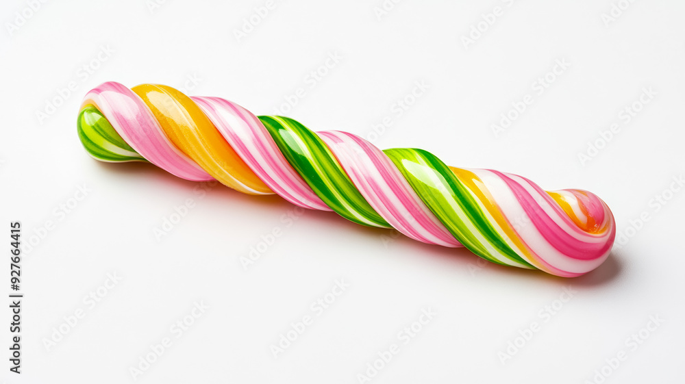 Poster isolated image of an unwrapped twisted bubble gum stick in bright neon colors lying on a smooth whit