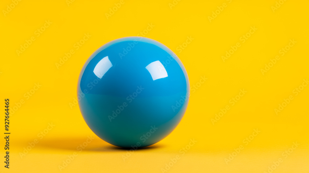 Poster isolated shot of a single bubble gum ball in bright blue centered on a vibrant yellow background wit